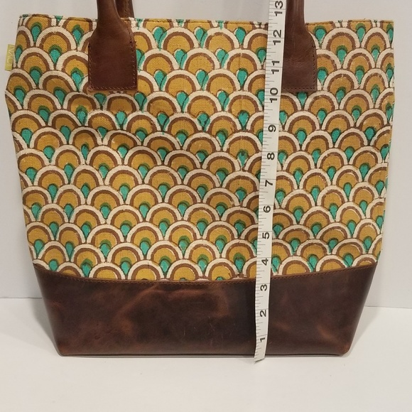 JOYN Cotton Tote Arch Print Brown Leather Yellow Green Shoulder Bag Lined Pocket - Picture 13 of 14